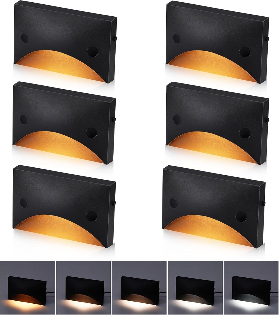 [6 Pack] Cloudy Bay Low Voltage LED Step Lights Outdoor, Surface Mount/J-Box Mount 2200K/2700K/3000K/4000K/5000K Selectable,12V-24V 3W Landscape Stair Lights,Aluminum,Metal Black