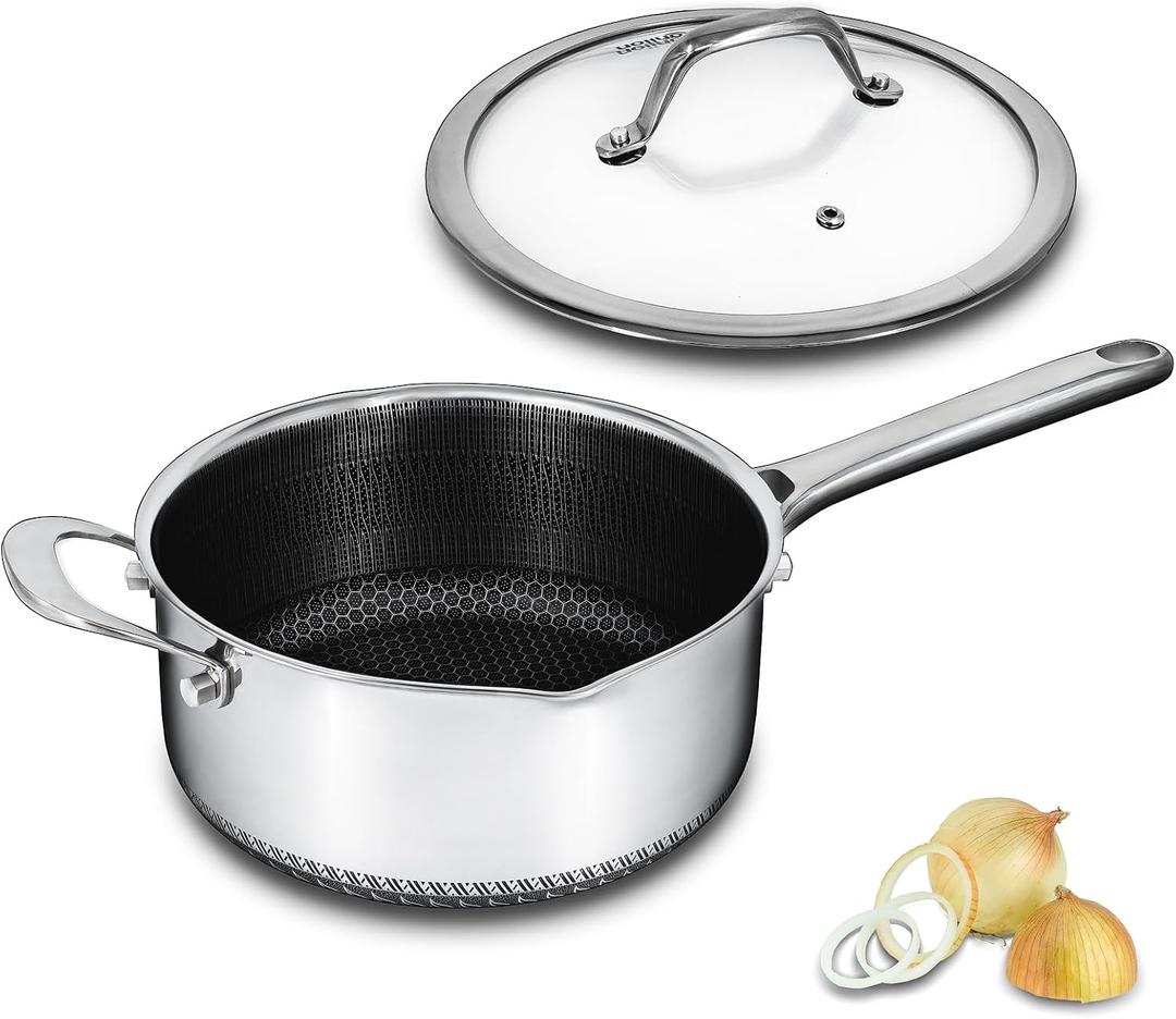 Hybrid Nonstick 4 QT Saucepan with Lid, Stainless Steel Stockpot with Honeycomb Texture, Compatible with All Cooktops, Dishwasher and Oven Safe
