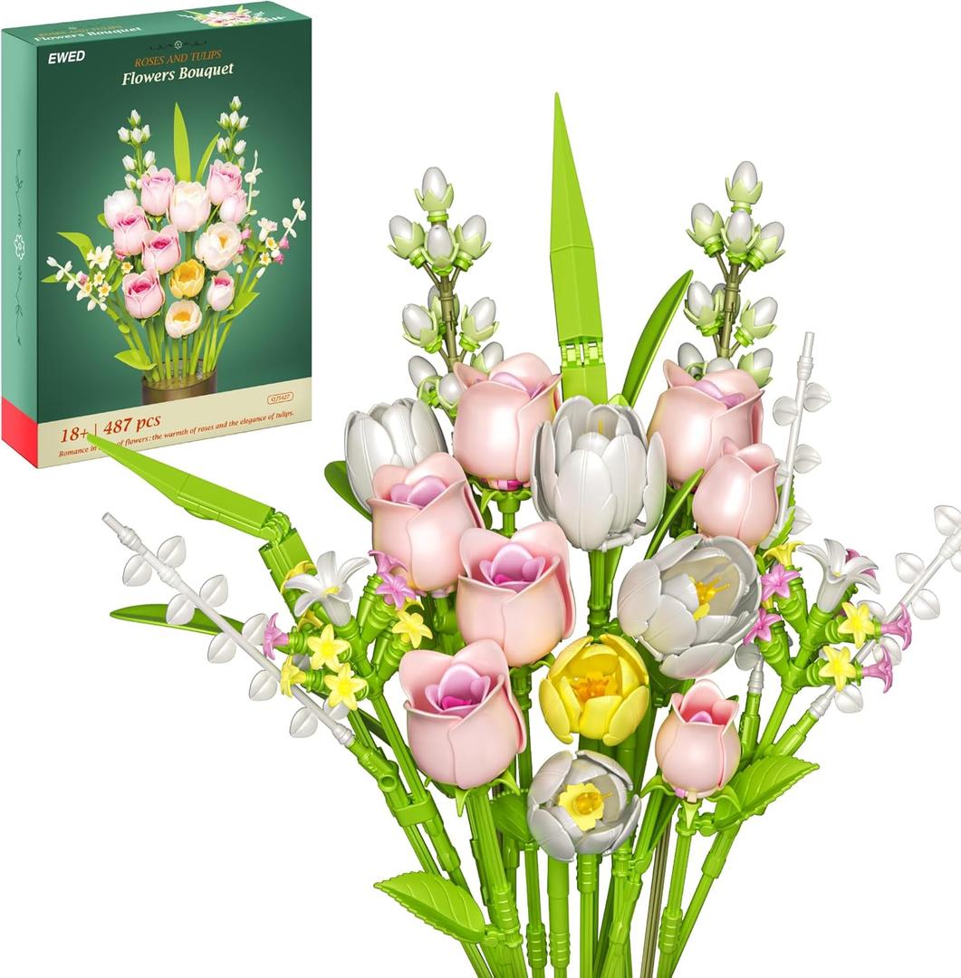 Tulip Rose Flowers Building Sets, Gift for Mothers Day, Flower Bouquet Compatible with Lego Flowers Botanical Collection for Adults Women Girl Girlfriend Birthday Valentine Day Home Office Decor