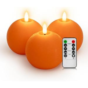 Flameless Candles with Remote, Orange Round Candles Ball LED Battery Operated Real Wax Candles Warm Light 3D Wick Flickering for Home Party Wedding Decor (Set of 3)