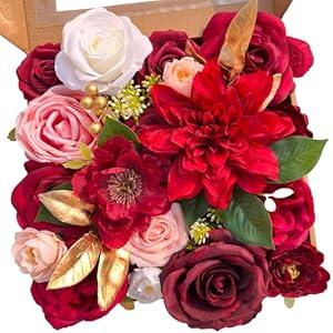 FPMSQDY Artificial Flowers, Fake Cake Flowers Silk Roses with Stems Faux Burgundy Dahlia Wedding Bridal Bouquets for Table Centerpieces Floral Arrangement Arch Home Decoration