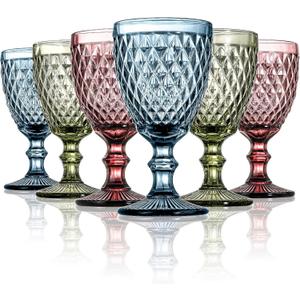 ZOOFOX Set of 6 Vintage Wine Glasses, 10 oz Colored Glass Goblet with Stem, Diamond Design Embossed Glassware for Baby Shower, Wedding, Party, Holiday