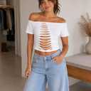 Hilinker Women Off The Shoulder Crop Tops Sexy Cut Out Ripped Short Sleeve Cropped T Shirts (White, M)