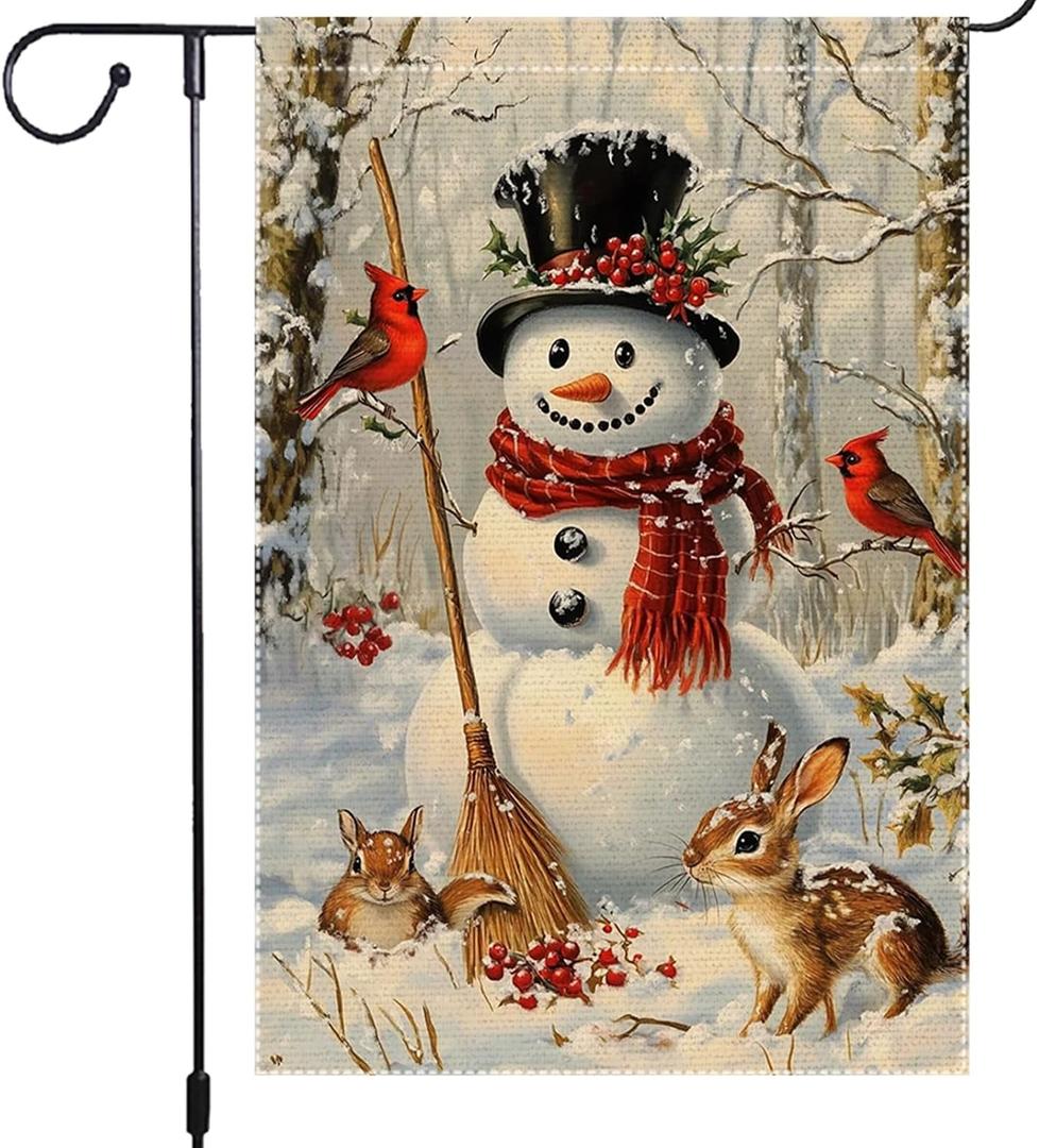 Snowman Garden Flag 12x18 Inch Double Sided Burlap Winter Cardinal Animal Scene Holiday Christmas Yard Flag Small Seasonal Outdoor Welcome Banner for House Porch Lawn Decor