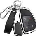 SANRILY PU Leather 3/4/5/6 Button Smart Key Fob Cover - Fit for Buick Envision Avenir & Chevy Suburban Tahoe - GMC Yukon Denali Sierra Silverado Keyless with Keychain - Silver-Black