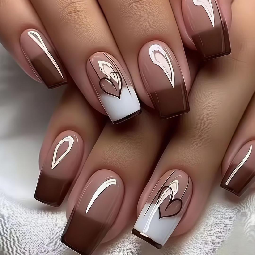 French Tip Heart Press on Nails Medium Square Translucent Black Love Fake Nail Full Cover Glossy False Nails Handmade Valentines Stick on Nail Artificial Fingernails for Women Festival Manicure