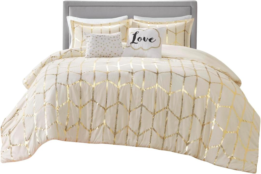 Intelligent Design Raina Full/Queen Comforter Set, Soft Microfiber, Modern Geometric Metallic Bed Set, 5 Pieces College Bedding with 2 Shams, 2 Toss Pillows Ivory/Gold