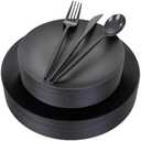 EI 150pcs Black Plastic Plates Frosted Plastic Plate,Premium Heavy Duty Black Plastic Plates,Black Disposable Plates with Black Plastic Silverware,10.25" Dinner Plates and 7.5" Dessert Plate
