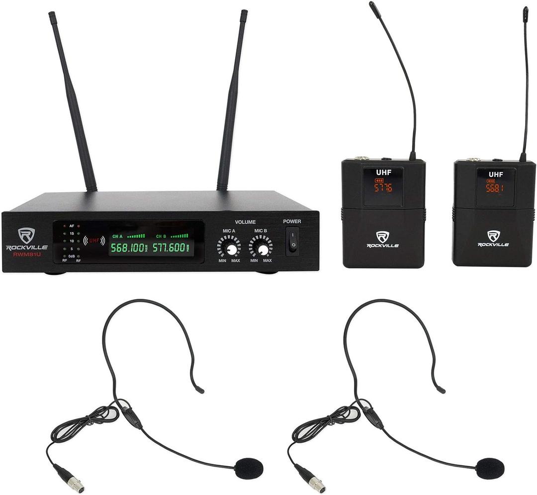 Rockville RWM81U Dual UHF Headset & Guitar Wireless Microphone System w/LCD