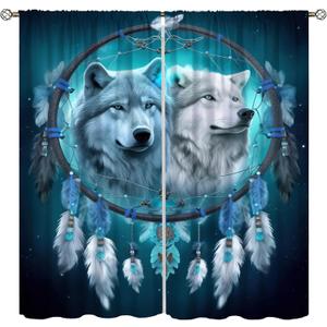 Wolf Blackout Curtains for Bedroom,Mystery Dream Wonderland Blue and White Feather Dreamcatcher Totem Wolves Wildlife Window Drapes Print for Boys Girls Juvenile Room Living Room Bathroom 42x63in