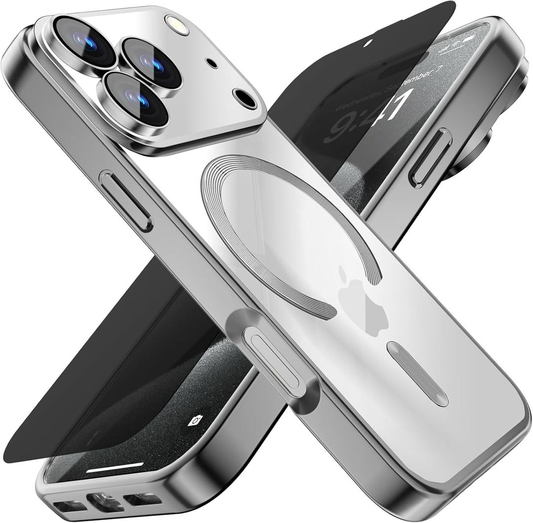 Misscase for iPhone 17 Pro Case with Privacy Screen Protector,[Camera Lens Protector] Clear Magnetic Luxury Plating Case Compatible with MagSafe Elegant Anti-Scratch Case Cover 6.3 inch Silver