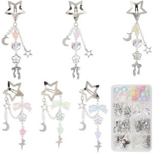 SUNNYCLUE 1 Box DIY 6 Sets Star Tassel Hair Clips Making Kit Hairclip Pack Stars Moon Bowknot Cute Hairpins Hairclips With Beaded Tassels Hairpin Accessories for Women Braid Long Short Thin Thick Hair