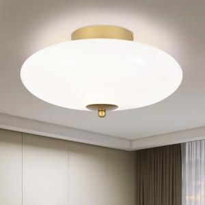 Mid-Century Modern Flush Mount Ceiling Light,LED Gold Light Fixture with Glass Shade,4000K Vintage Hallway Close to Ceiling Lamp for Entryway Kitchen Bedroom (11.8 Inch Not Dimmable)