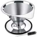 LHS Pour Over Coffee Dripper Stainless Steel Coffee Filter Metal Cone Filter Paperless Reusable Coffee Filter Single Cup Coffee Maker 1-2 Cup With Non-slip Cup Stand and Cleaning Brush