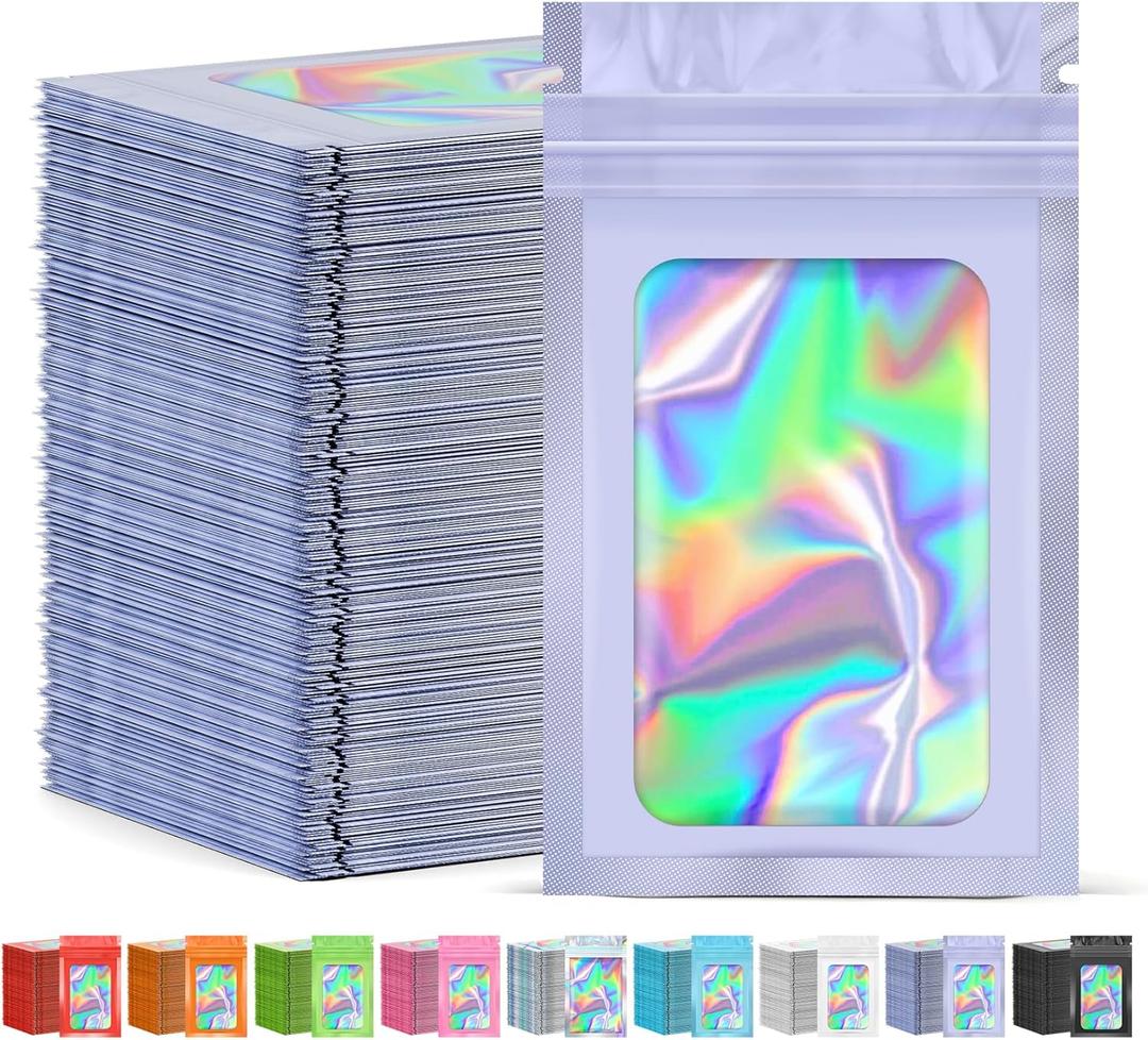 JETMORE 300 Pcs Mylar Bags, Smell Proof Bags Foil Pouch, Holographic Resealable Bags for Small Business, Candy Sample Jewelry Bag Sealable Packaging for Party Favor Food Storage (3x5in-Purple)