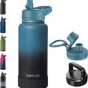 RUBYFLASK 32oz Insulated Water Bottle with Straw, Stainless Steel Metal Vacuum Water Flask, Large Thermal Water bottle with Leakproof 3 Lids for Travel, Camping, Gym Sports Indigo Black