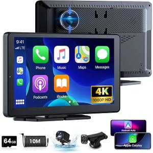 4K Apple Carplay Display Android Car Display with Dash Cam Car Front Rear 9 Inch Wireless Carplay Portable Driveplay with Rear View Camera Car Radio Carplay Bluetooth Mirror Link Siri 64G TF Card