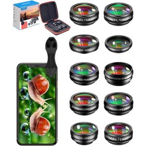 10 in 1 Cell Phone Camera Lens Kit, Wide Angle Lens & Macro Lens+Fisheye Lens+Telephoto Lens+CPL/Flow/Radial/Star Filter+Kaleidoscope 3/6 Lens for iPhone Samsung Sony and Most of Smartphone