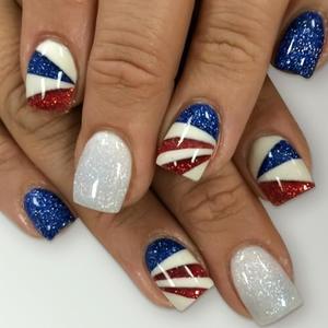 4th of July Press On Nails Extra Short Square,YEFIUO White Fake Nails Press ons Nail Art Tip Acrylic Nail Kit Glue on Nails Full Cover False Nails with Blue Red Contrast Stripe Design for Ma'am 24 Pcs 2 Pack
