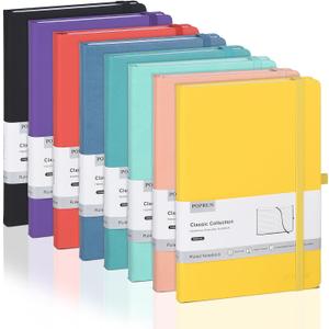 POPRUN A5 Lined Journal Notebooks, 8 Pack Leather Hardcover Thick Notebook for Writing, Business Work, Travel, School, College, 5.5 x 8.3 inch, 240 Pages Classic Ruled Journals Notepad, Multicolored (Black,Purple,Red,Yellow,Green,Pink,Blue,Turquoise)