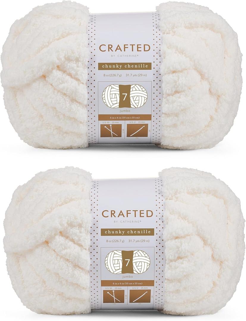 Crafted By Catherine Chunky Chenille Yarn - 2 Pack (8 oz / 227 g, 31.7 Yards Each Skein), Ivory, Gauge 7 Jumbo