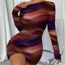 Women's Sexy Off The Shoulder Bodycon Mini Dress Tie Dye Long Sleeve Ruched Asymmetrical Club Dresses