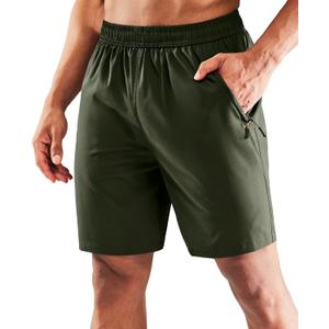 MIER Men's Quick Dry Running Shorts with Zipper Pocket Elastic Waist Athletic Workout Exercise Shorts (Medium/5" Inseam, Army Green)