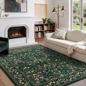 AMADA HOMEFURNISHING 5x7 Area Rug, Washable Living Room Rug with Non-Slip Backing, Low Pile and Durable Edge Binding, Vintage Soft Floral Rugs for Living Room, Bedroom, Dining Room