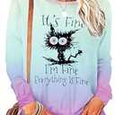 MNLYBABY It's Fine I'm Fine Everything Is Fine Sweatshirt Women Cute Black Cat Tee Tie Dye Cat lover Long Sleeve Top, Medium