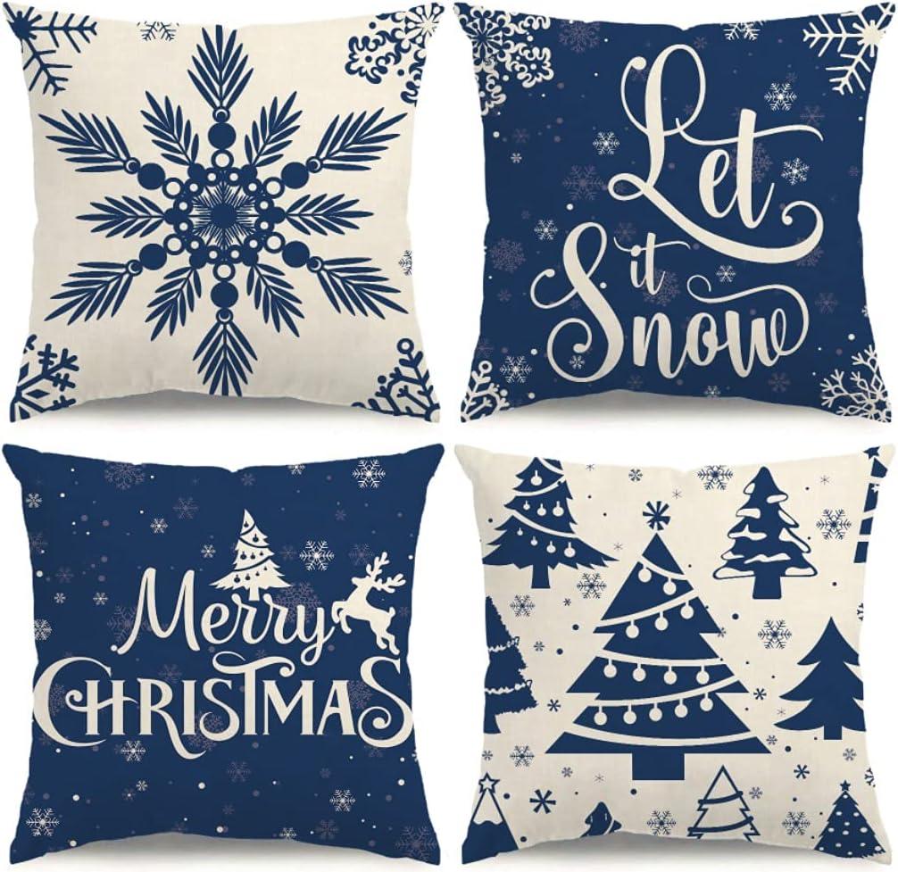 Christmas Pillow Covers 18x18 Blue Christmas Decorations Snowflake Throw Pillow Covers Xmas Tree Winter Holiday Decor Cushion Case for Sofa Couch Set of 4