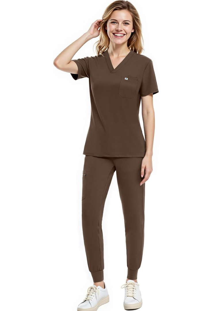 Scrubs for Women Set, V-Neck Scrub Top & Joggers Pants Sets, Slim Quick-dry Anti Wrinkle Yoga Waistband L