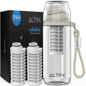 ALTHY Alkaline Water Filter Bottle, Up to PH 9.5, Added Minerals & Electrolytes, Composite Alkalize & Filtration System, BPA Free 500ml, Includes 3 Filter, Replaces 1200 Plastic Alkaline Water Bottles