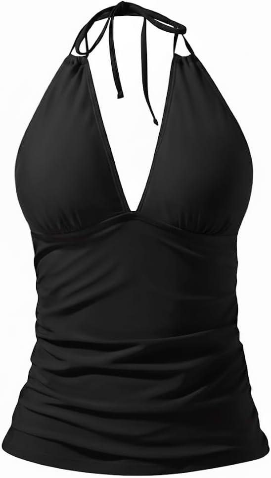 Yonique Women's Halter Tankini Top V Neck Swim Top Tummy Control Bathing Suit XL