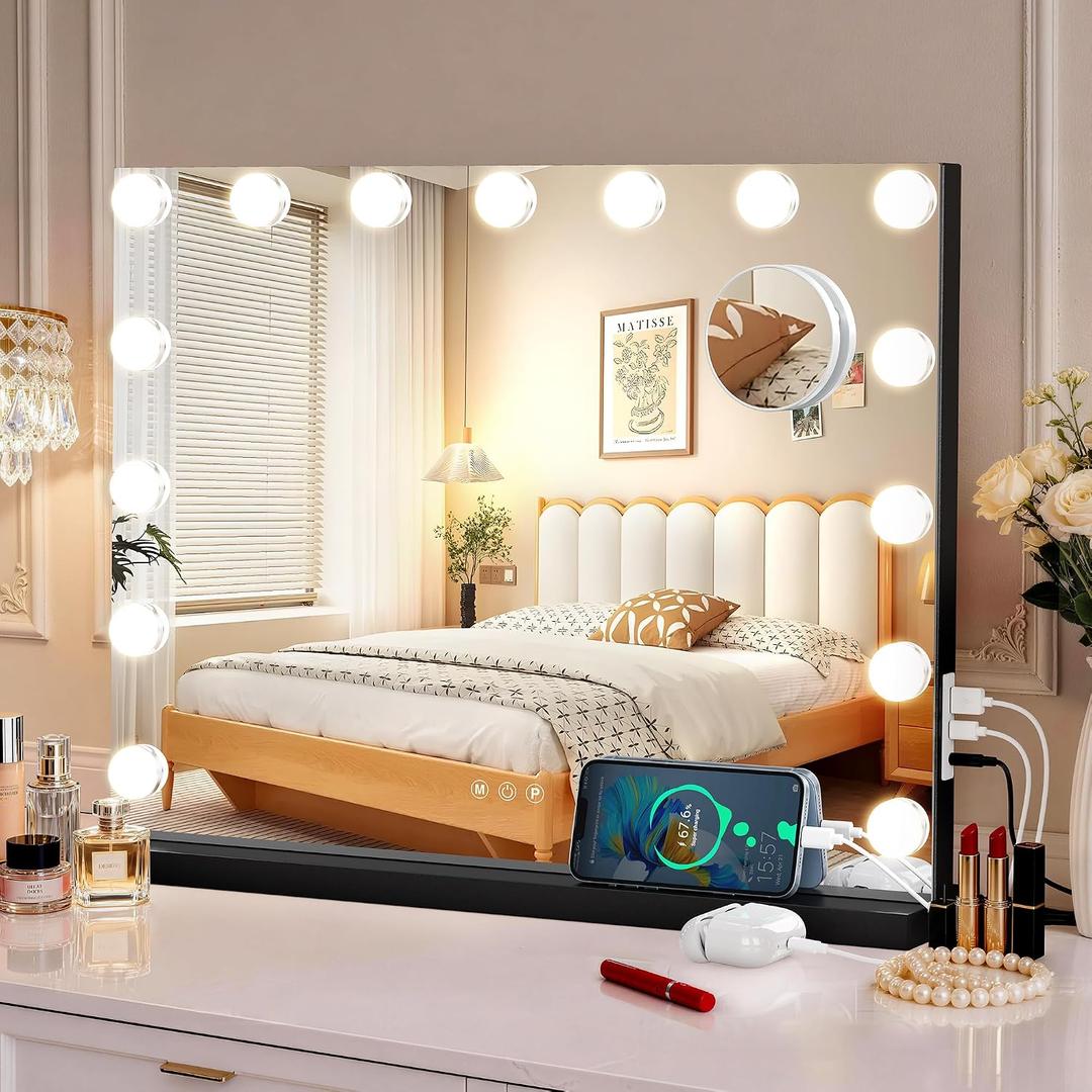 Vanity Makeup Mirror with Lights,Hollywood Vanity Mirror with 3 Color Modes,Lighted Vanity Mirror with Dimmable LED Bulbs &10X Magnification for Desk,Bedroom,Tabletop (Black, 22.8" x 18.1")