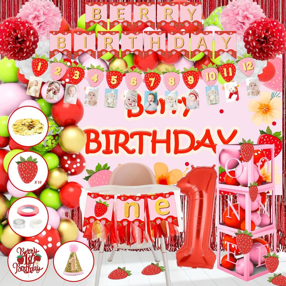 177pcs Berry First Birthday Decor, 1st Birthday Decorations Girl with Balloon Arch Kit, Baby Boxes, Paper Pom Poms, Fringe Curtains, Cake Copper