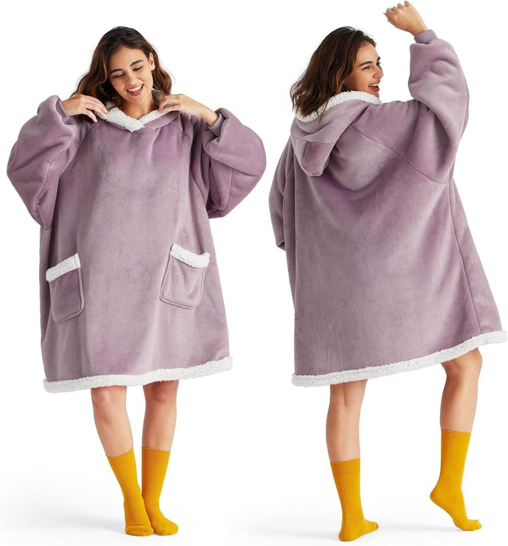 Bedsure Blanket Hoodie, Wearable Blanket Hoodie as Gifts for Mom, Birthday Gifts for Women Kids Teens Sherpa Sweatshirt, Lavender, Small