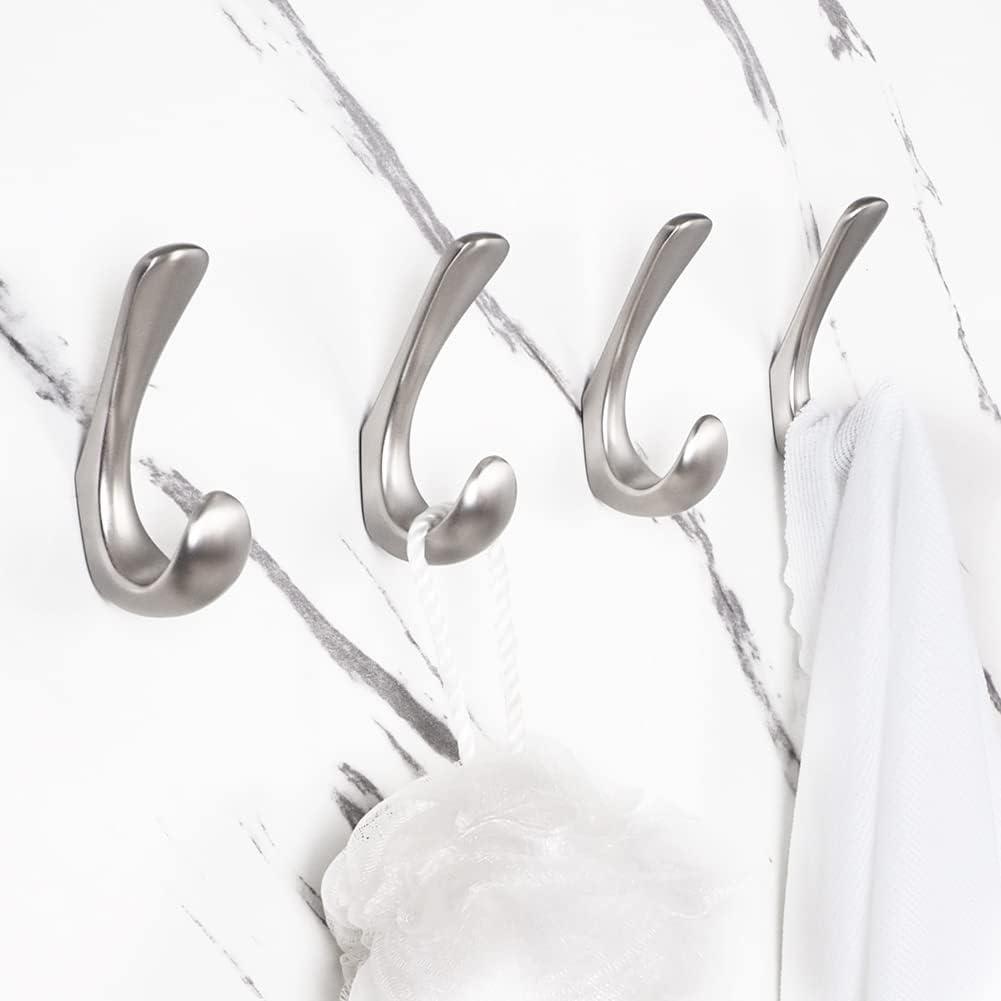 4 Pack Towel Hooks for Bathrooms Wall Mounted, Brushed Nickel Bathroom Hooks for Towels, Robe & Towel Hook for Wall, Modern Bath Towel Hook