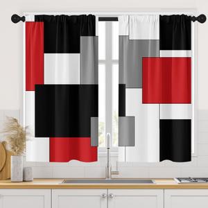 Red Kitchen Curtains 45 Inch Length Black Grey White Window Short Tier Curtains Over Sink Set of 2, Modern Abstract Geometric Art Kitchen Decor 34x45 Inch