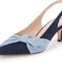 Coutgo Womens Bow Heels Slingback Pumps Low Kitten Heels Closed Pointed Toe Sandals Denim Dress Shoes Size: 7.5