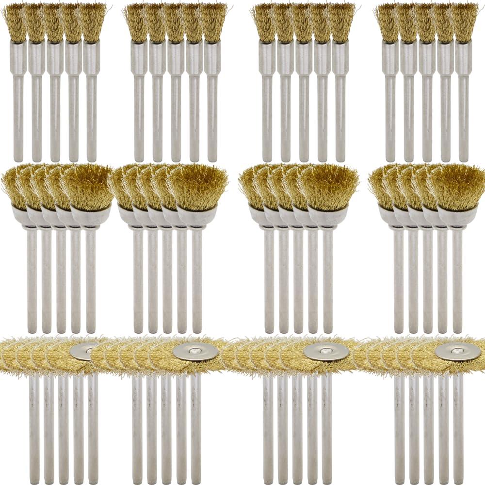 60-Piece Brass Wire Brush Set - Metal Rust Removal, Polishing, Cleaning - 1/8 (3mm) Shaft - Removes Burrs, Dust, and Oxide Layer - Handles Rough Surfaces - Rotary Tool Accessories