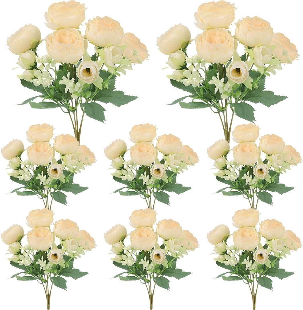 8 Pack Champagne Peonies Artificial Flowers, Cream Fake Silk Hydrangea Bouquet for Bridal Wedding Home Table Decor Reusable Dining Opening Ceremony Birthday Arrangement Faux Floral