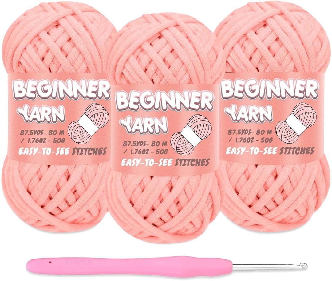 Beginners Crochet Yarn Pack, Baby Pink, Easy-to-See Stitches, Chunky Thick Bulky Cotton Soft Yarn for Crocheting (3x50g)