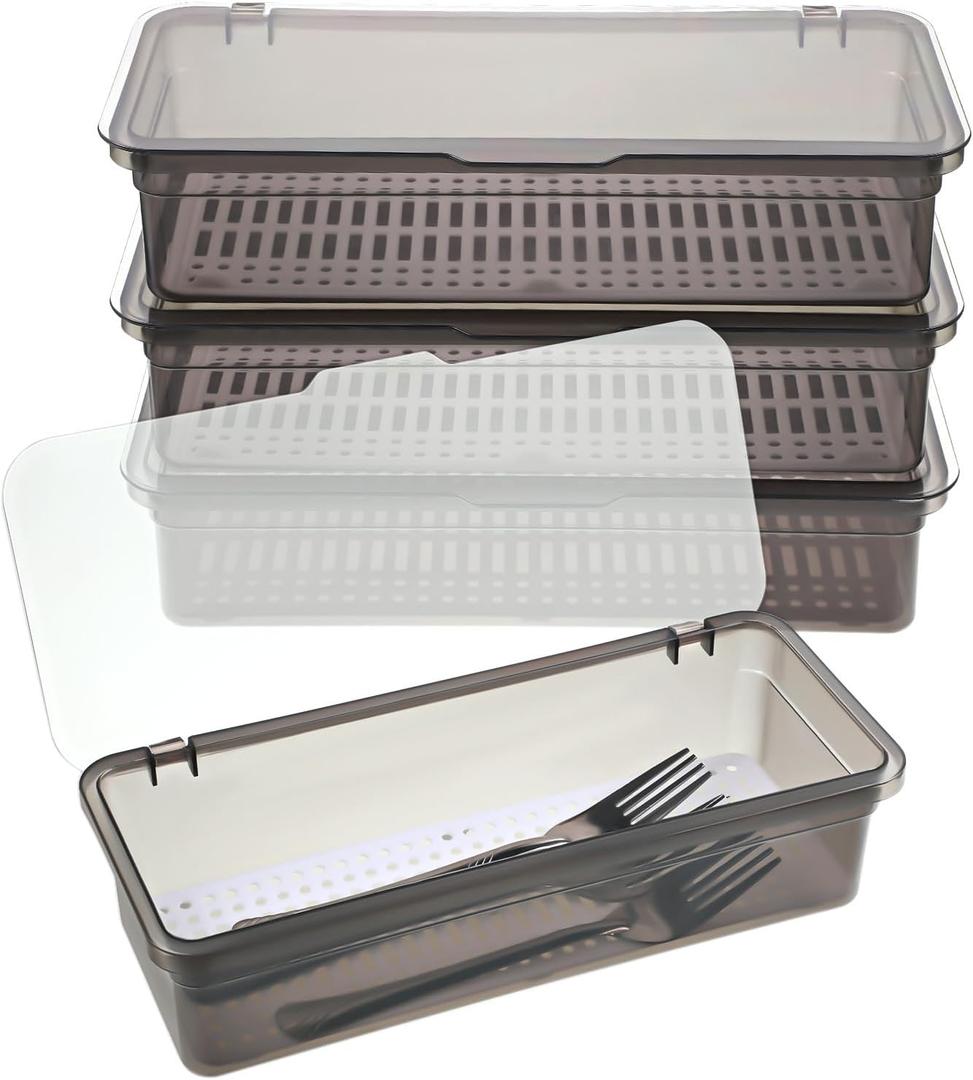3Pcs Flatware Tray with Lid and Drainer Silverware Tray Kitchen Dinnerware Holder Box Utensil Storage Container Drawer Organizer for Home and Travel