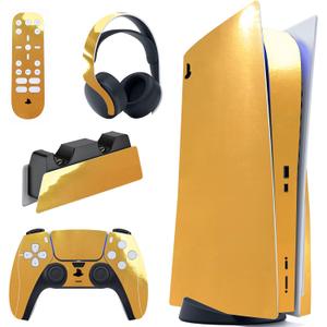 PlayVital Chrome Gold Glossy Full Set Skin Decal for ps5 Console Disc Edition, Sticker for ps5 Vinyl Decal Cover for ps5 Controller & Charging Station & Headset & Media Remote