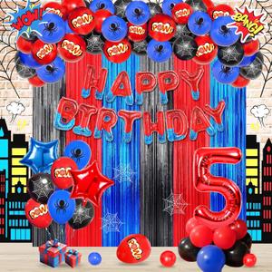 5th Birthday Decorations For Boys,Red Spider Web Birthday Decorations,Large Number 5 Balloon,Foil Fringe Curtains,Red Blue Balloons