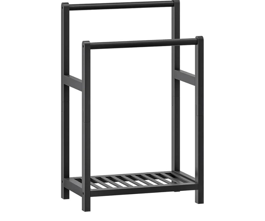 HOOBRO Freestanding Towel Rack for Bathroom, 2 Tier Decorative Bamboo Blanket Rack, Quilt Display Stand with Storage Shelf, 16.5" L x 9.4" W x 30.5" H, Bedroom, Living Room, Black BK02LB01