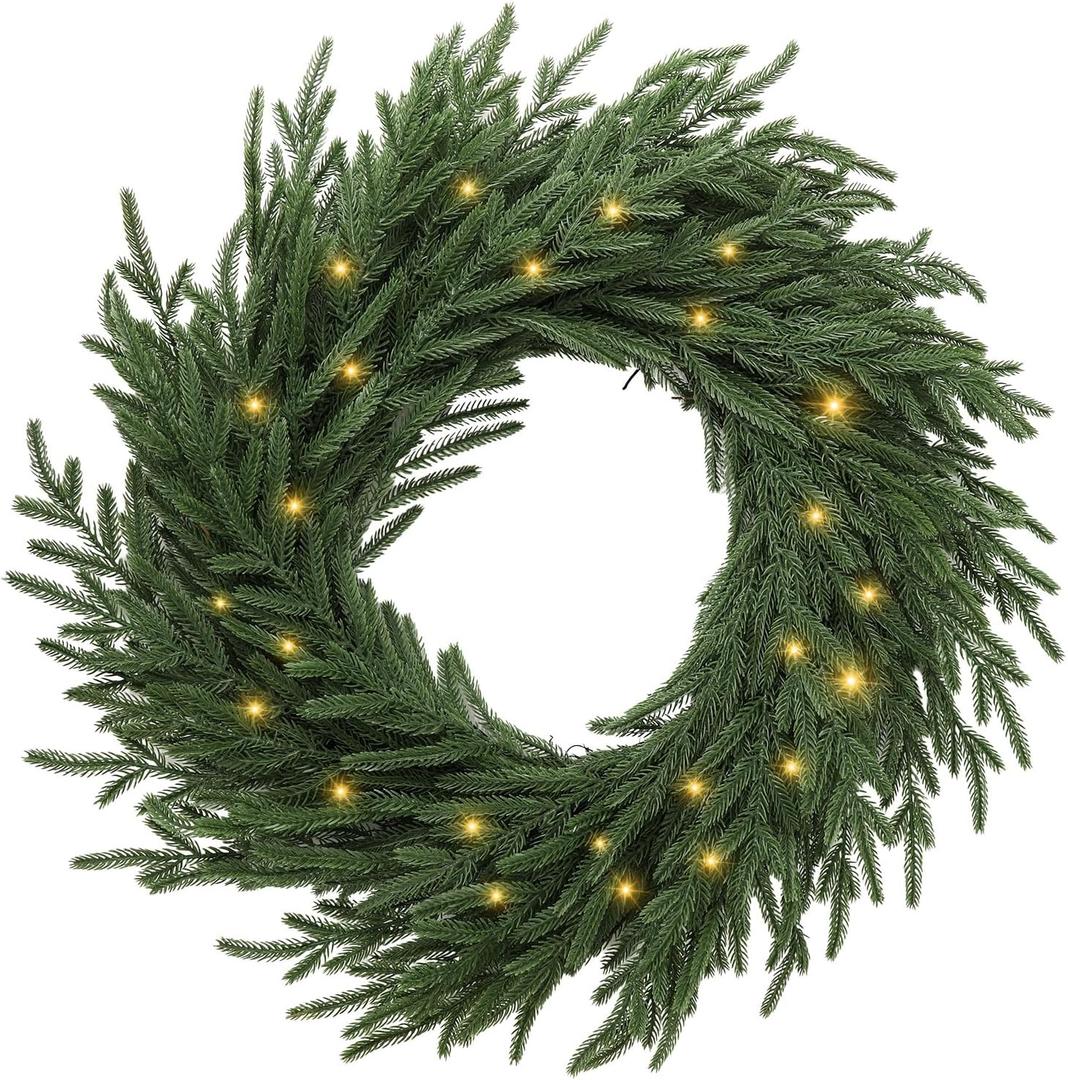 Christmas Wreath Artificial Wreath with Bells, Bows and 50 LED Lights, Festive Decoration for Front Door & Outdoor Use