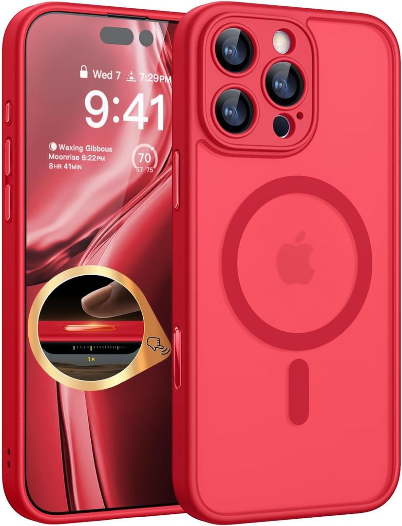 CANSHN Magnetic & Camera Control Compatible with iPhone 16 Pro Case, [Full Camera Protection] [Compatible with Magsafe] [Translucent Matte] Shockproof Protective Phone Cover 6.3 Inch - Red
