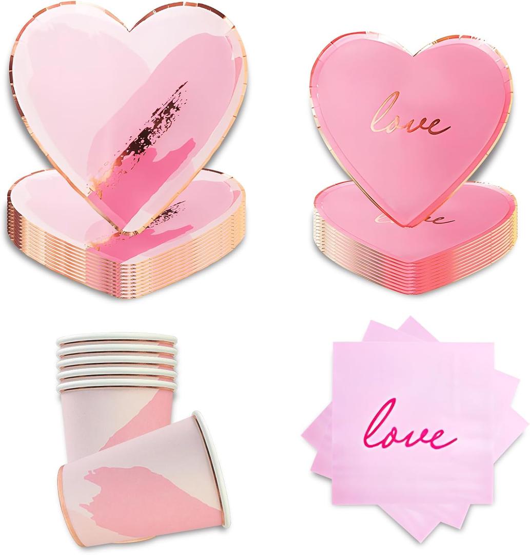 Pink Heart Shaped Party Tableware - Disposable Wedding Engagement Paper Plates Cups Napkins, Valentines Day, Baby Shower, Mothers Day Tableware, Marry Me LOVE Themed Party Supply 68pcs
