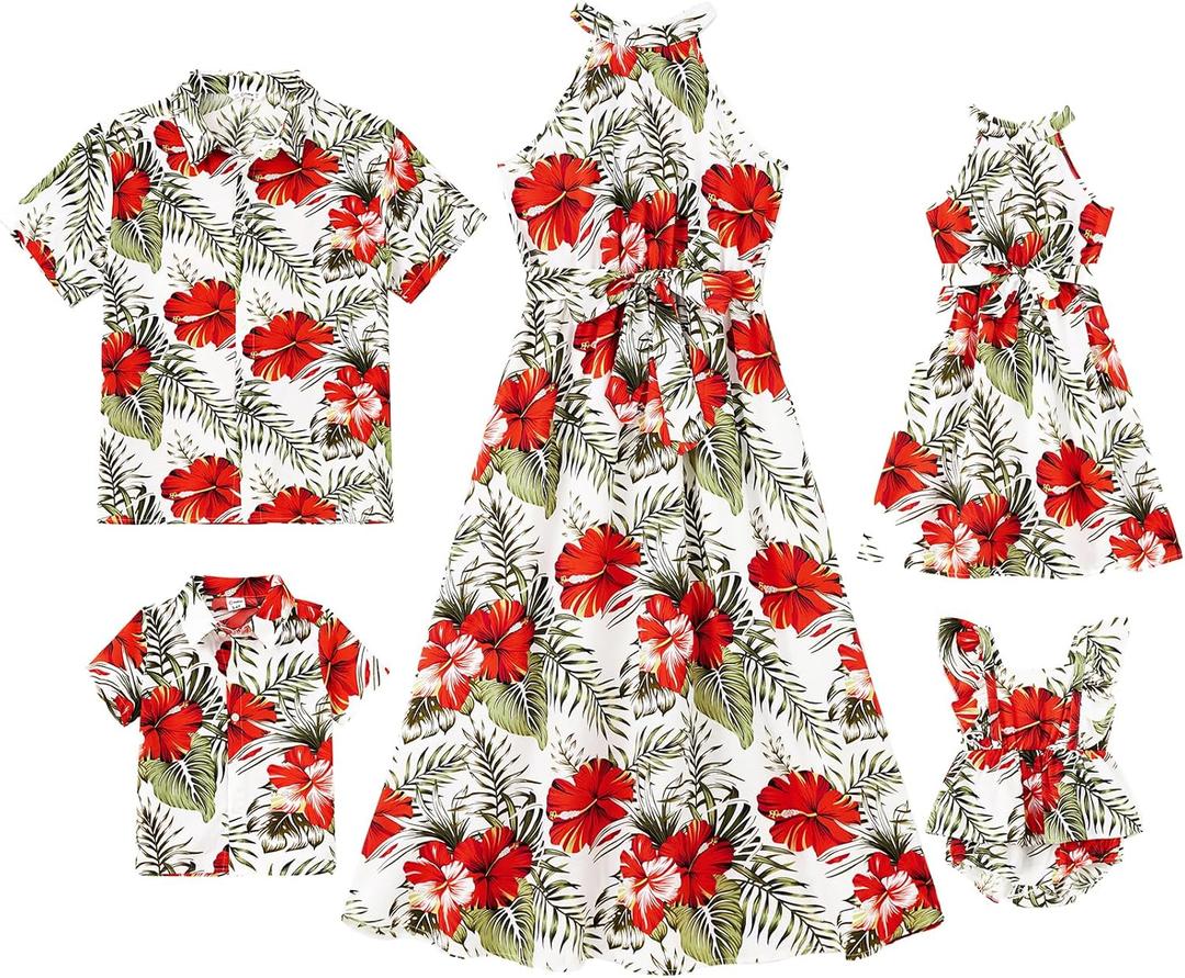 PATPAT Family Hawaiian Matching Outfits Mommy and Me Outfits Caribbean Vacation Summer Tropical Halter Sundresses and Shirts